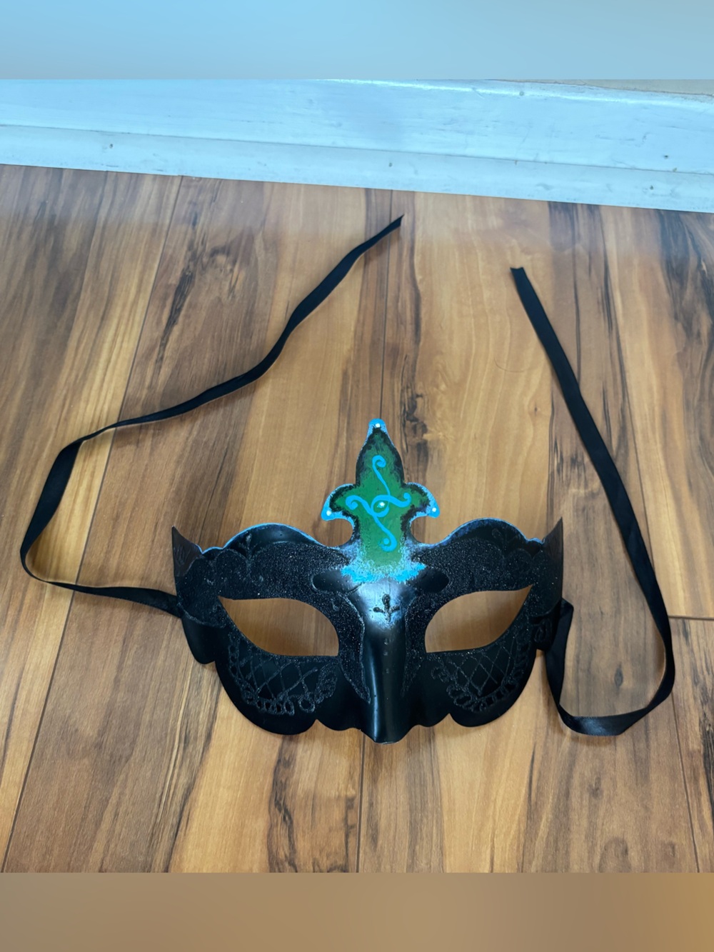 Black and Teal Venetian Lace masquerade, mask with tie